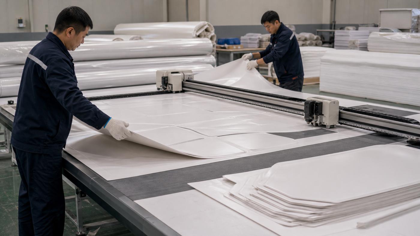 removing cut panels from plotter (tent-fabric-production-20)